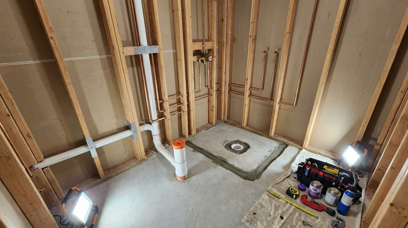Bathroom rough-in plumbing during remodel by Johns Plumbing LLC in Hopkins