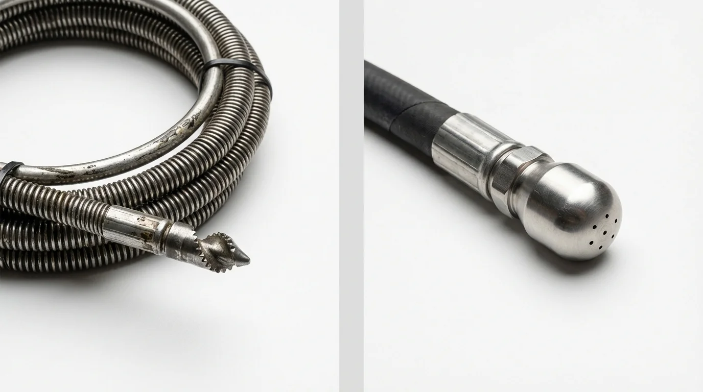 Drain snake cable and hydro jetting nozzle used for drain cleaning in Hopkins, MN