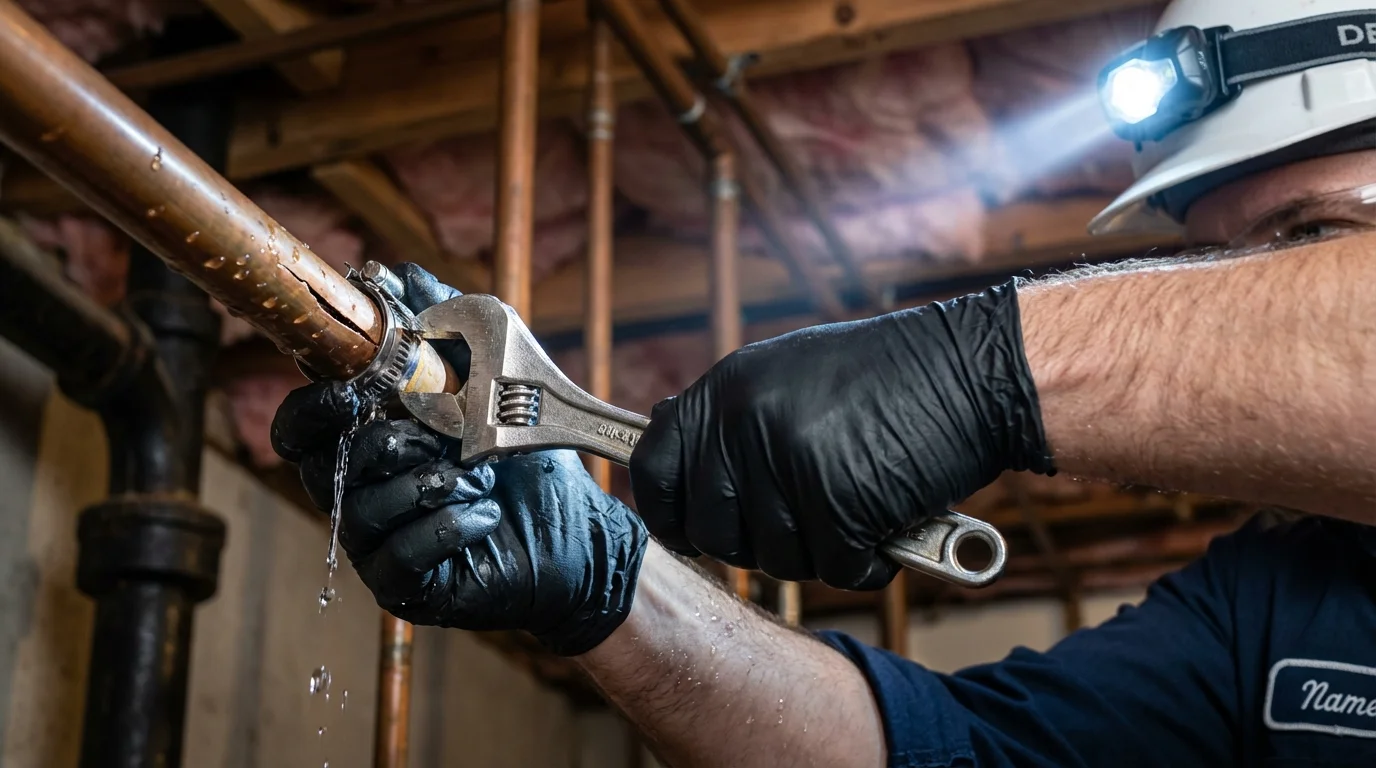 Emergency pipe clamp repair being performed by a Johns Plumbing LLC plumber in Hopkins