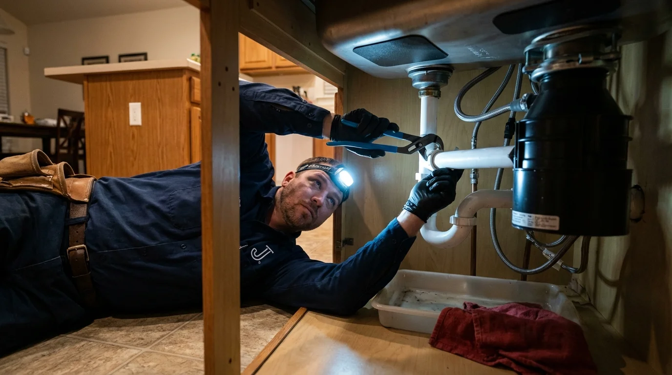 P-trap and supply line connections under a kitchen sink showing a common leak point in Hopkins, MN